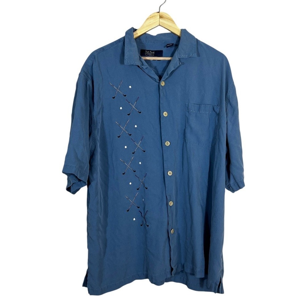 Nat Nast Luxury Originals Golf Embroidered Silk Camp Shirt Blue XXL Size XXL